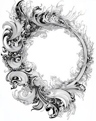 Poster - Ornate grayscale oval frame with swirling, floral details.