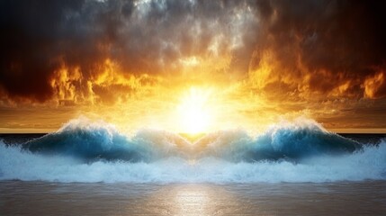 Wall Mural - Fiery sunset over crashing ocean waves. Dramatic sky, intense colors, powerful nature.