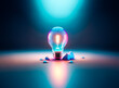 © joeycheung - A glowing lightbulb rests on shattered fragments, illuminated by vibrant blue and pink light.  It symbolizes innovation and overcoming obstacles.