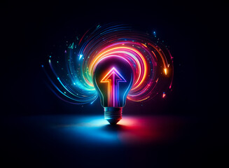 Wall Mural - a vibrant lightbulb with an upward arrow glows, encircled by swirling, multicolored light trails. it