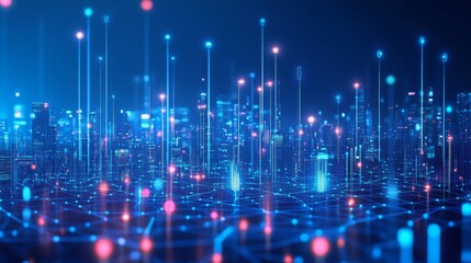 Poster - A futuristic digital landscape with vibrant, glowing lines and nodes representing data flow and connectivity.