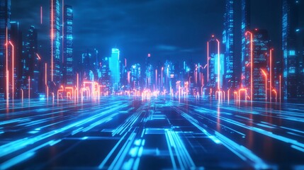 Fototapete - A vibrant, futuristic cityscape with neon lights and digital patterns, showcasing a high-tech environment and a sense of bustling energy.