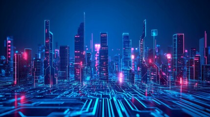 Aufkleber - A futuristic cityscape illuminated with neon lights, showcasing interconnected skyscrapers and a digital circuit pattern.