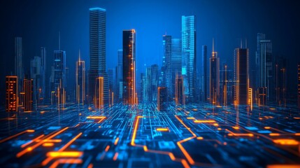 Aufkleber - A futuristic cityscape with glowing skyscrapers and digital circuitry, showcasing advanced technology and innovation against a blue background.