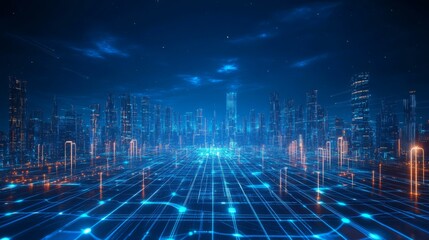 Poster - A futuristic cityscape featuring glowing skyscrapers and a network of blue lights, symbolizing advanced technology and digital connectivity.
