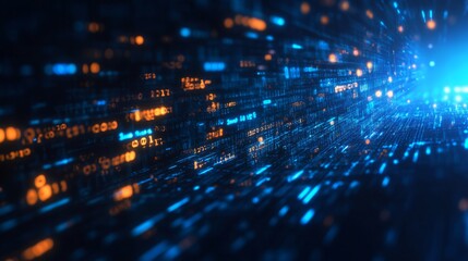 Aufkleber - A vibrant abstract representation of digital data flowing in a futuristic environment with glowing blue and orange lights.