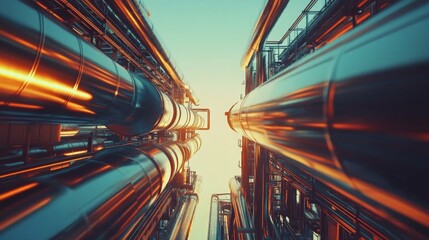 Leinwandbilder - A dynamic view of industrial pipes reaching skyward, showcasing a blend of metal and light against a clear sky.