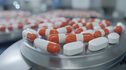 Pill Production: A close-up shot of a pharmaceutical manufacturing line, revealing rows of freshly produced red and white pills on a metal tray.