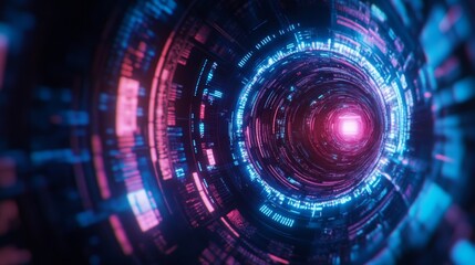 Aufkleber - Glowing circular tunnel with vibrant blue and pink digital patterns, suggesting a futuristic or technological theme.