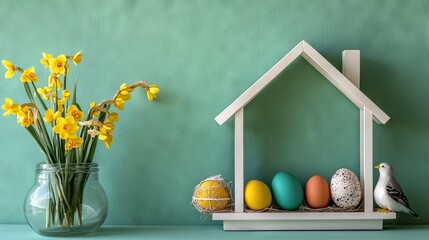 Hanging house silhouette shelf organizer, white painted wood frame, sage green wall, spring holiday decor elements, turquoise and coral eggs, small bird ornament, yellow narcissus bloom, nested