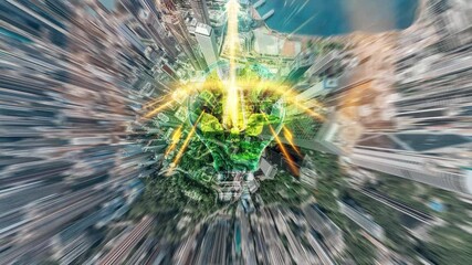 Poster - 4k still video of a Hong Kong aerial view zooming out, showcasing a city landscape with an overlaid lightbulb symbolizing ideas and innovation.