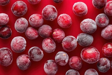 Canvas Print - Frozen cranberries arranged on a red background