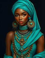 Wall Mural - illustration of an African American woman dressed in a stunning turquoise ensemble, adorned with intricate beadwork and multi-layered jewelry. 