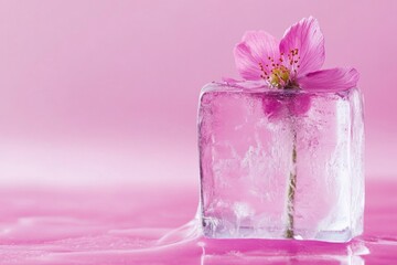 Canvas Print - Frozen Pink Flower Encased In Ice Cube