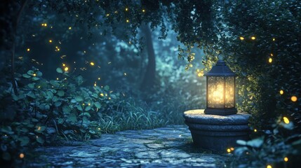 Wall Mural - enchanted forest path at night with glowing lantern and fireflies