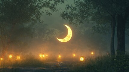 Wall Mural - enchanted forest path at night with glowing crescent moon and lanterns