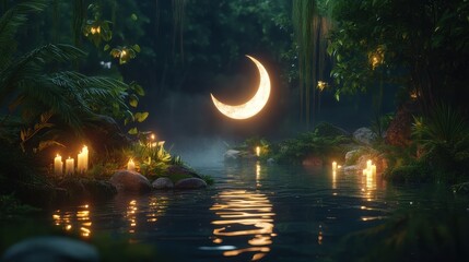 Wall Mural - enchanted forest river at night with crescent moon and glowing candles