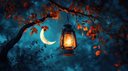 Wall Mural - glowing lantern hanging from an autumn tree branch under a crescent moon at night