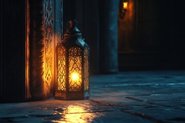 Wall Mural - glowing lantern illuminates dark stone pathway