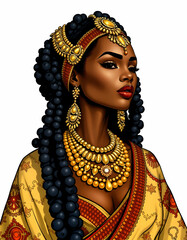 Wall Mural - illustration of an African American woman dressed in a stunning  ensemble, adorned with intricate beadwork and multi-layered jewelry. 