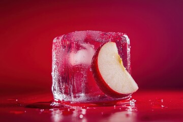 Wall Mural - Frozen Apple Slice in Ice Cube on Red Background