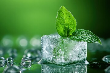 Wall Mural - Fresh Mint Leaf Resting on Melting Ice Cube