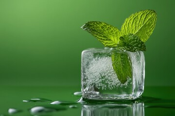 Wall Mural - Refreshing Mint Leaves Frozen In An Ice Cube