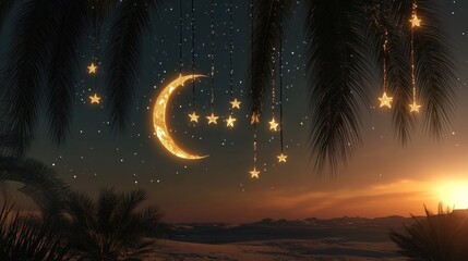 Poster - Magical Crescent Moon and Stars at Sunset
