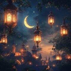 Wall Mural - magical night scene with glowing lanterns and crescent moon over a city