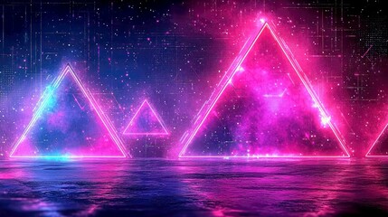 Wall Mural - cosmic triangle: neon glow, abstract space background. futuristic, vibrant digital art design with p