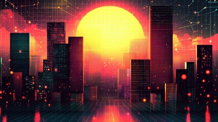 Wall Mural - cyberpunk cityscape: retro futuristic sunset over a grid-like metropolis. a digital art illustration