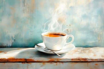 Wall Mural - A hyper-realistic close-up of a cup filled to the brim with coffee, capturing the details of the steam rising, symbolizing sufficiency for a productive day