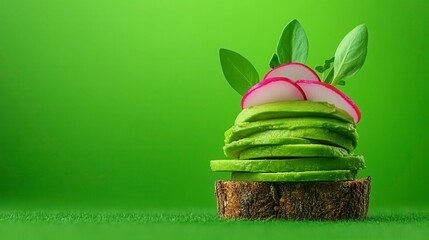 Wall Mural - A vibrant stack of fresh avocado slices topped with radish and leafy greens, presented on a rustic wooden base against a vivid green backdrop.