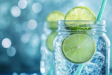 Wall Mural - Refreshing Lime Slices in Sparkling Iced Beverage