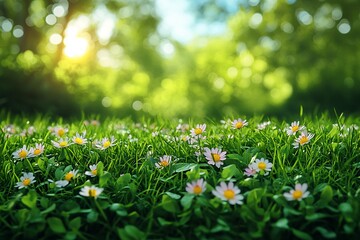 Poster - Serene Spring Meadow: A Burst of Blossoms in Sunlight