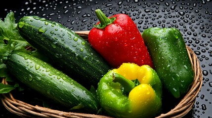 Wall Mural - Fresh and vibrant assortment of wet vegetables in a wicker basket, showcasing red, green, and yellow bell peppers alongside cucumbers