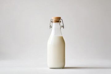 Wall Mural - Glass bottle filled with milk sits on white background