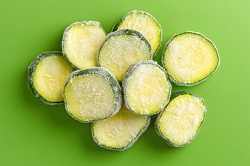 Wall Mural - Frozen zucchini slices arranged on a green background