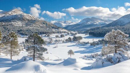 Wall Mural - Snowy mountain valley landscape with pine trees under a blue sky.