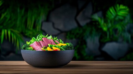 Wall Mural - Vibrant and fresh salad bowl featuring colorful vegetables and greens against a lush, tropical background