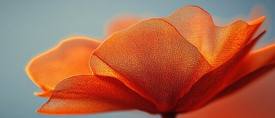 Translucent orange flower with delicate net like structure against a soft blue background