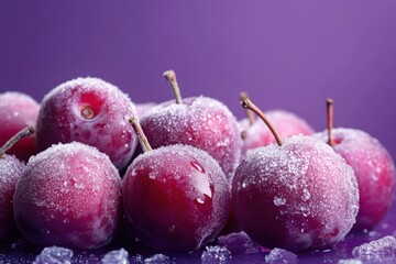 Wall Mural - Frozen Plums Glistening on Purple Background