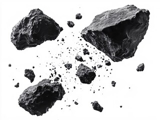 floating dark rocks against a white background creating a sense of cosmic debris and space