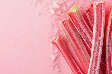 Wall Mural - Frozen Rhubarb Stalks on Pink Background