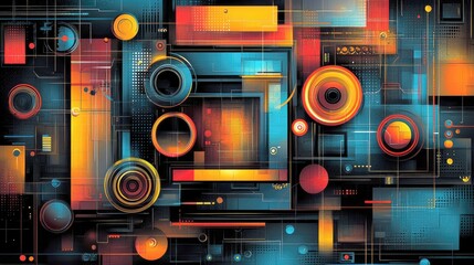 Wall Mural - abstract geometric tech background: vibrant colors and bold shapes. futuristic digital network desig