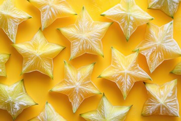 Wall Mural - Star fruit slices arranged on a yellow background