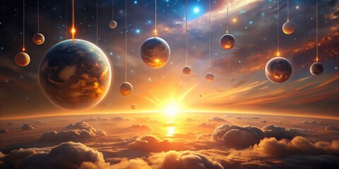Wall Mural - celestial bodies suspended above a golden sunset cloudcape, adorned with luminous strings