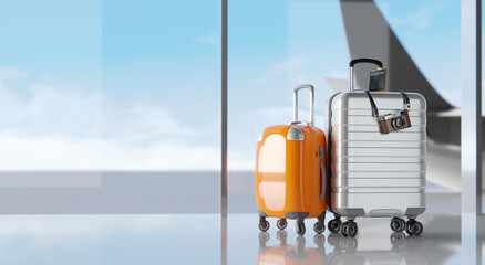 Fototapete - Suitcases at an airport terminal. Travel concept. 3d rendering