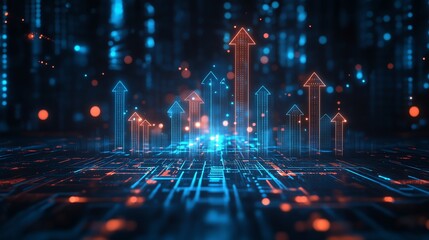 Wall Mural - cpu chip with glowing growth arrows and light blue circuit details on a clean dark tech background, 