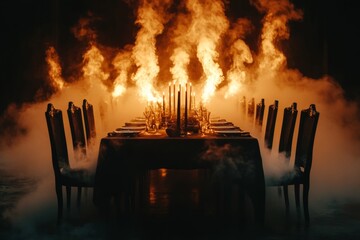 Wall Mural - A gothic depiction of a grand dining table in a dark mansion, filled with sufficient food and lit by flickering candelabras, with eerie shadows on the walls